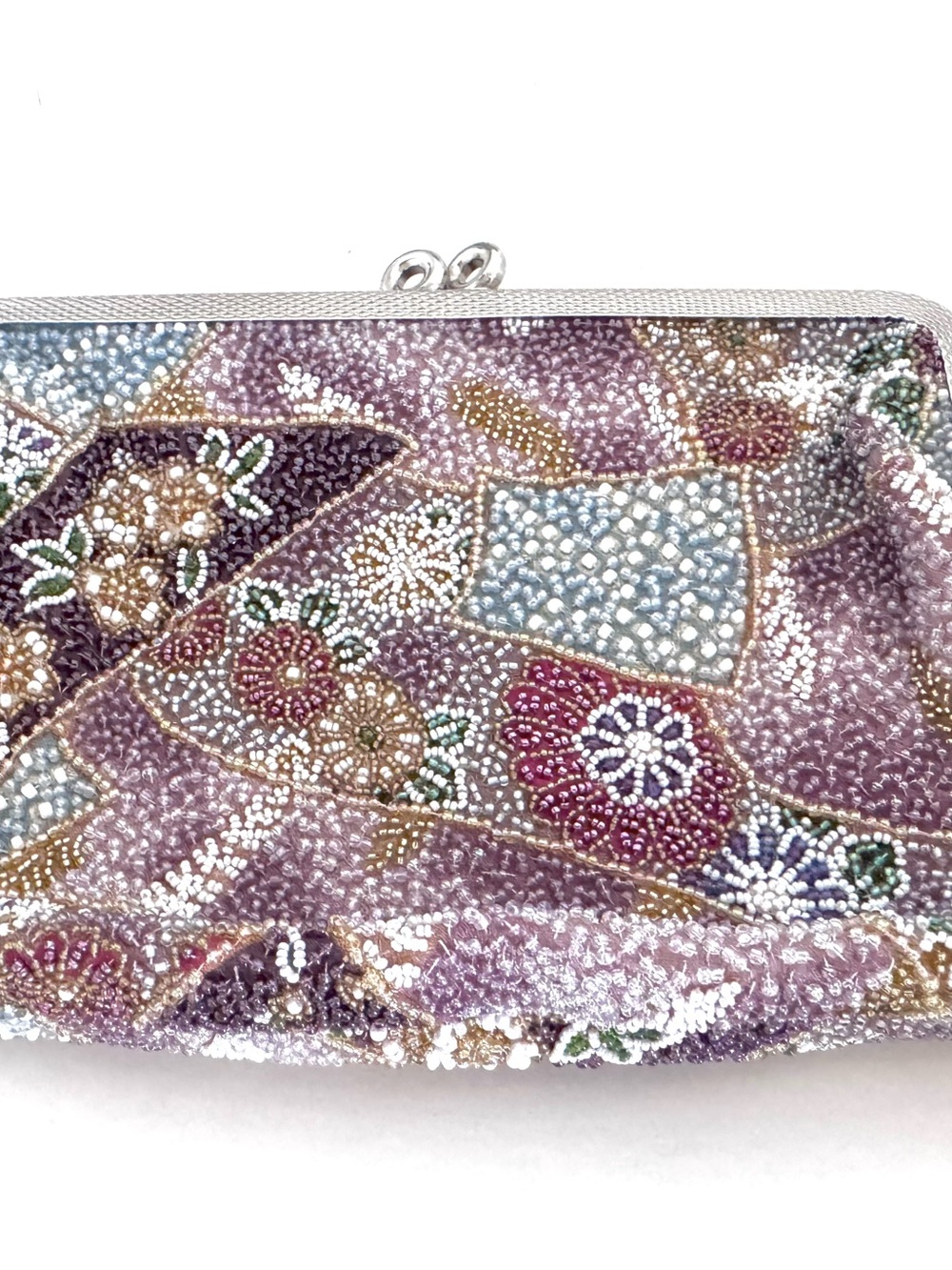 Vintage Handmade Seed Bead Clutch Purse Floral Patchwork Kiss Lock Evening Bag - Picture 2 of 7